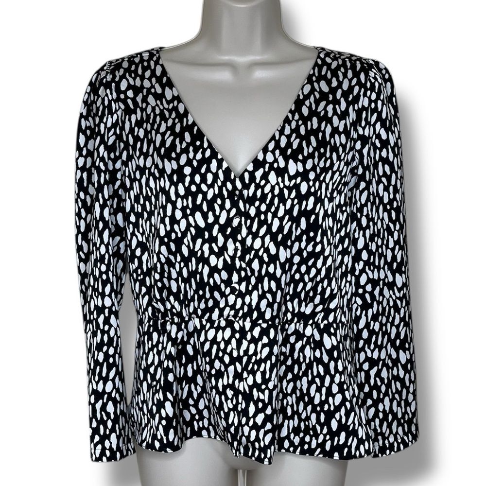 J Crew Leopard Animal Print Peplum Blouse Long Sleeve Black White Women Size 4